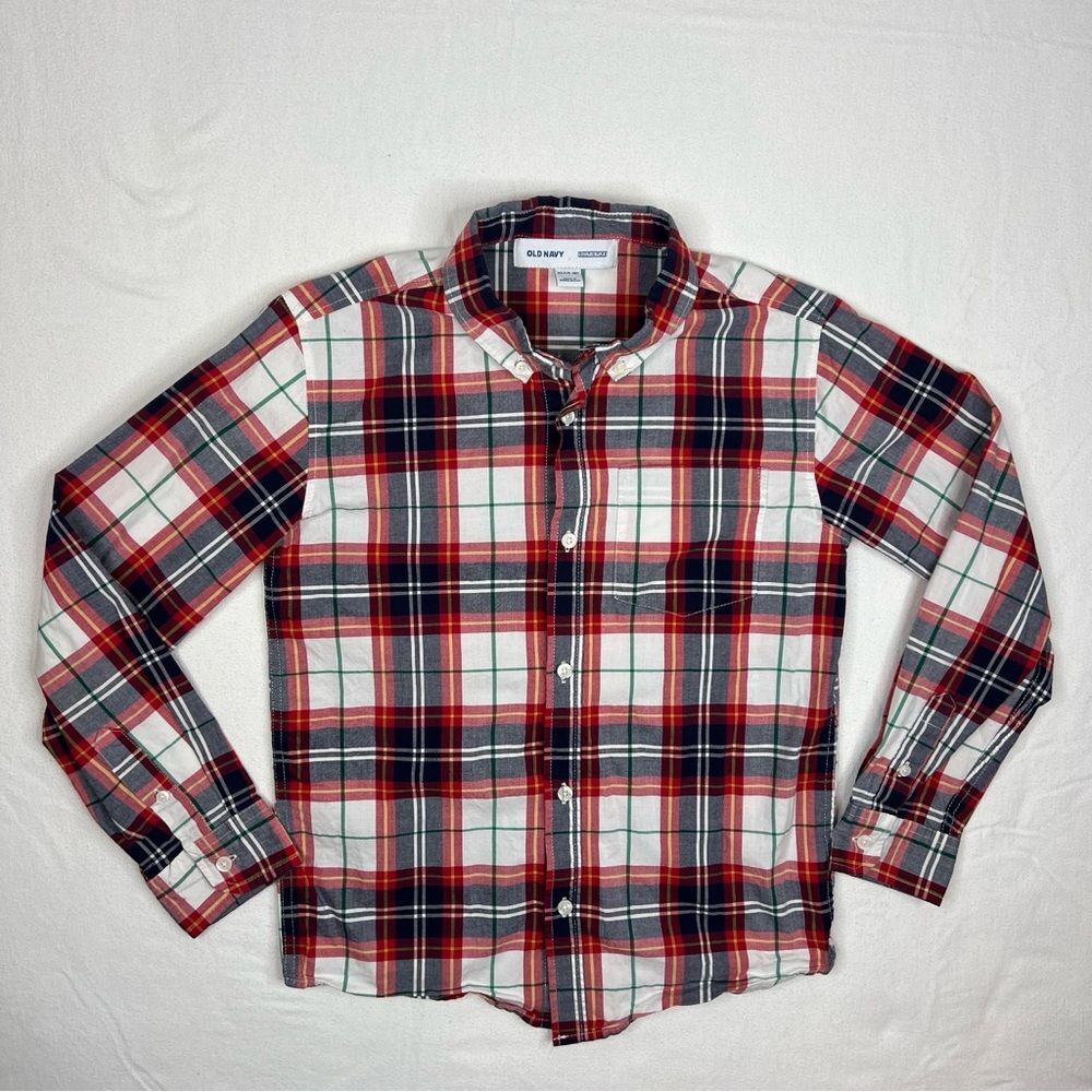 Old Navy Youth XL 14-16 Button Down Plaid Shirt Red White Long Sleeve